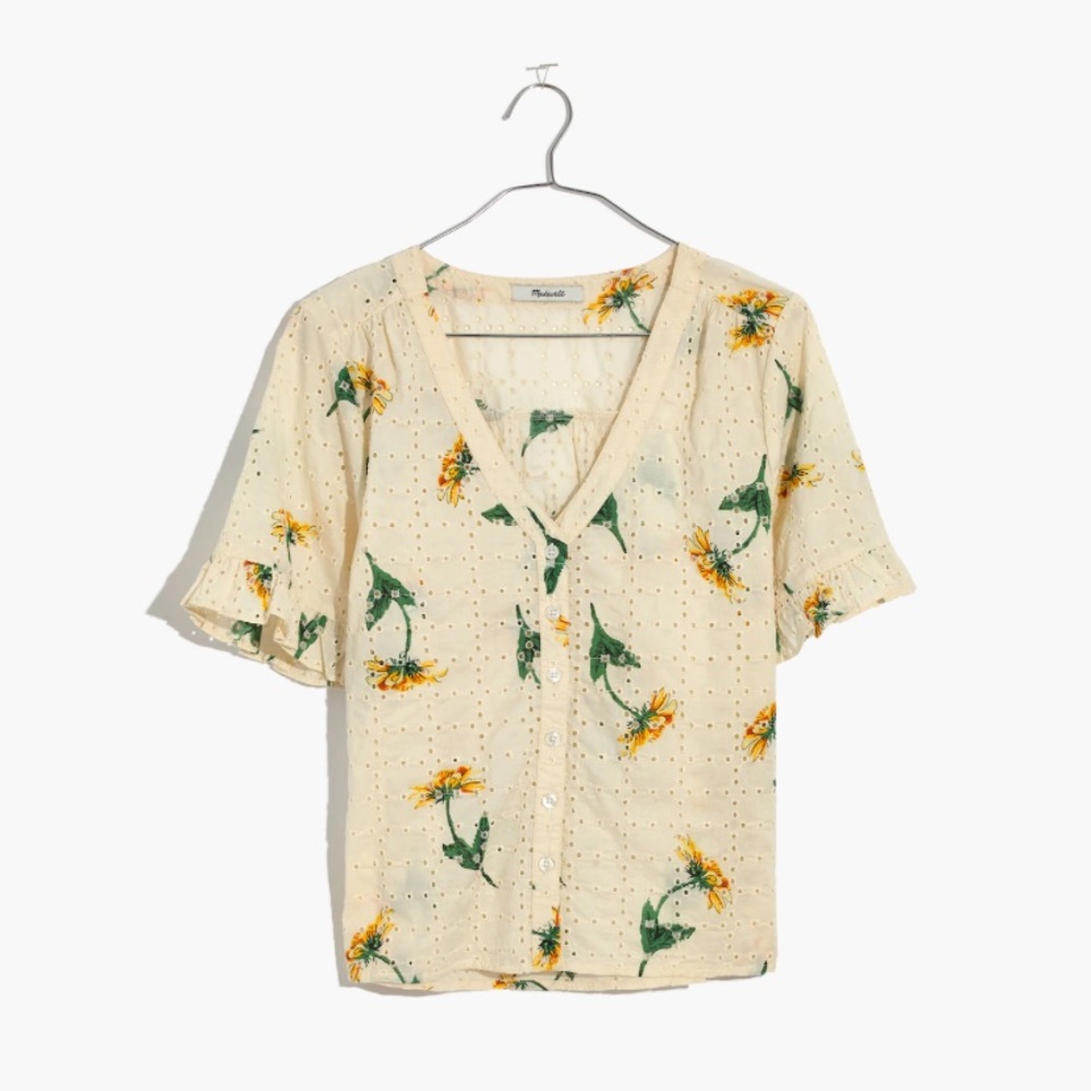 Madewell🌻Eyelet Village Ruffle-Sleeve Shirt in Sunflower Scatter 🌻 Size Small
